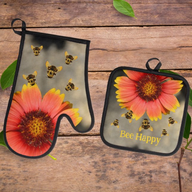 Hummeln und Orange Gaillardia Sonnenblume Ofenhandschuh & Topflappen-Set (Von Creator hochgeladen)