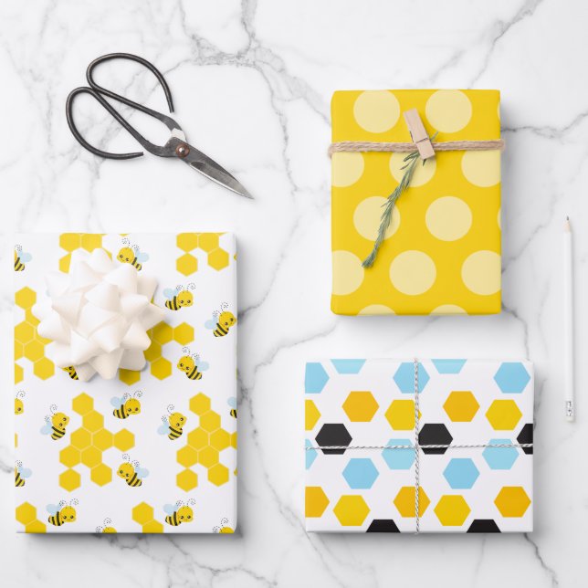 Hummelwabenmuster, Dots- und Streifen-Muster Geschenkpapier Set (Vorderseite)