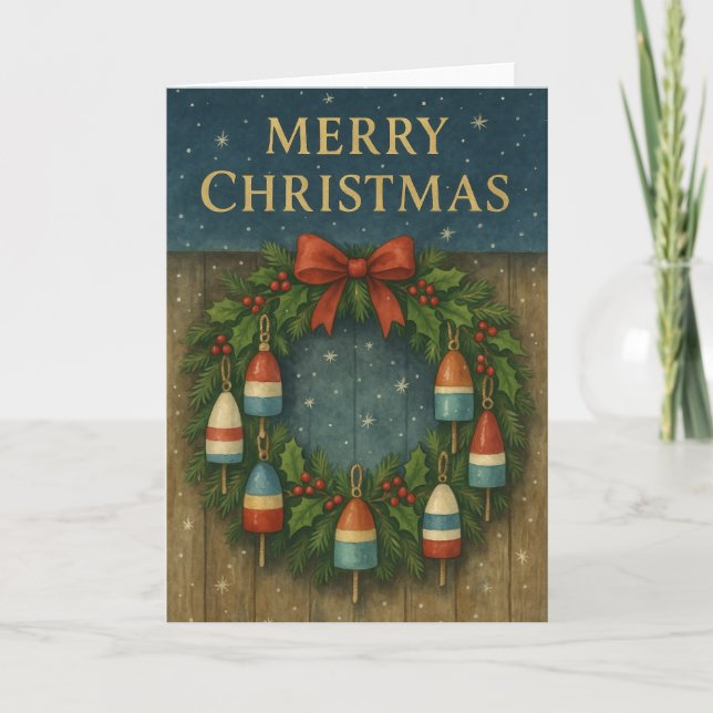 Hummer Buoy Wreath Weihnachtskarte Karte (Vorderseite)