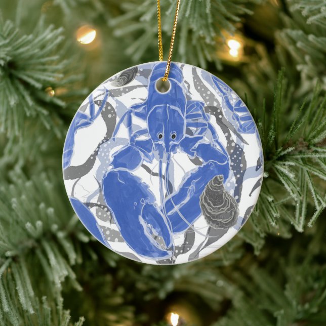 Hummer in blauem Kissen Keramik Ornament (Baum)