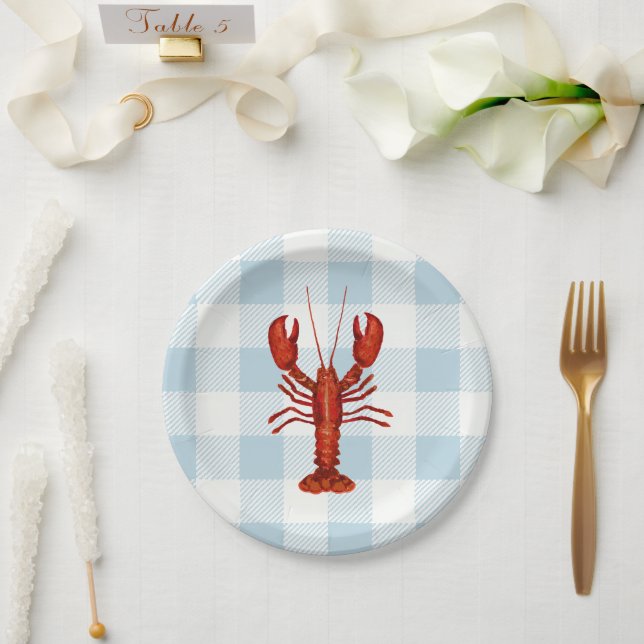 Hummer Malerei Nautical Blue Gingham Coastal Pappteller (Hochzeit)