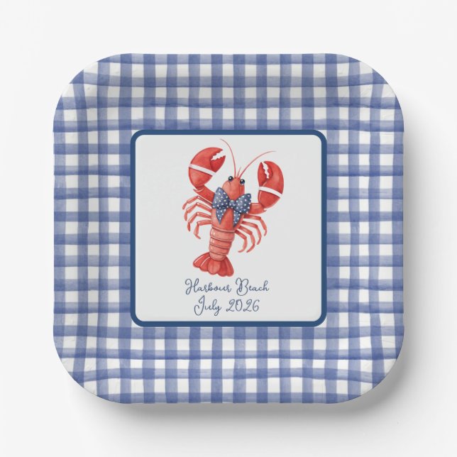 Hummer Sommer Nautical Blau Gingham 4. Juli Pappteller (Vorderseite)