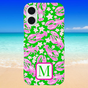 Hummerhauben in Rosa mit floralem Monogramm in Grü iPhone 16 Hülle