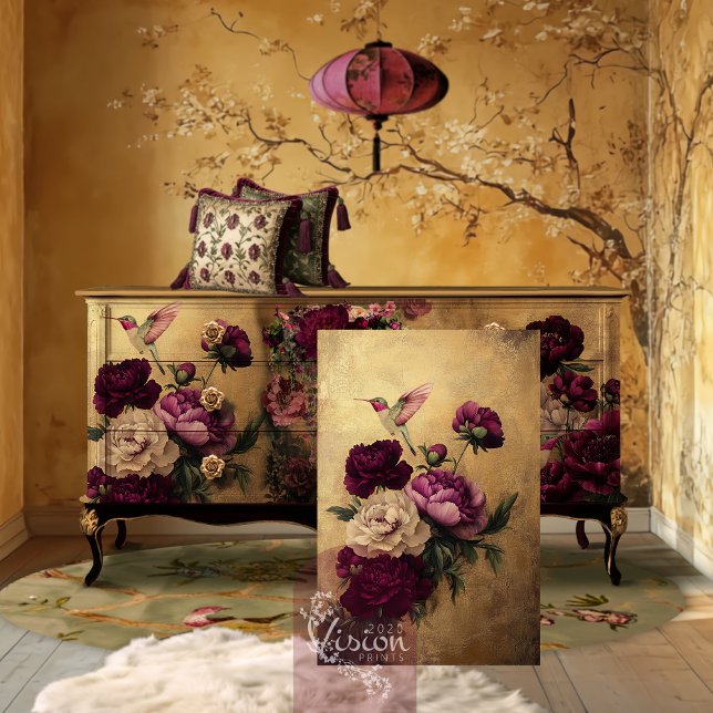 Humming Bird & Floral, Burgund & Gold Hintergrund Seidenpapier (Romantic Hummingbird & Peony Floral, Gold leaf effect, Patina Background Decoupage Tissue Paper)