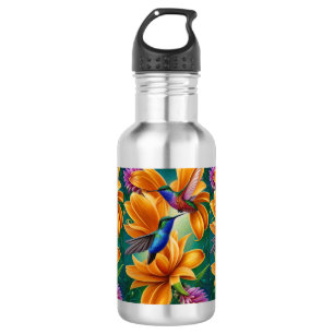 Humming Vögel auf orangefarbenen Blüten Edelstahlflasche
