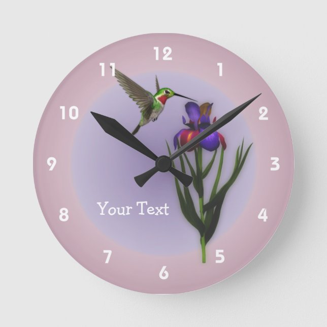 Hummingbird And Iris Flower Animal Runde Wanduhr (Vorderseite)