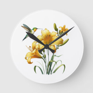 Hummingbird and Yellow Lilies Round Clock Runde Wanduhr