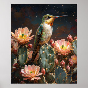 Hummingbird auf einer blühenden Kaktus Poster