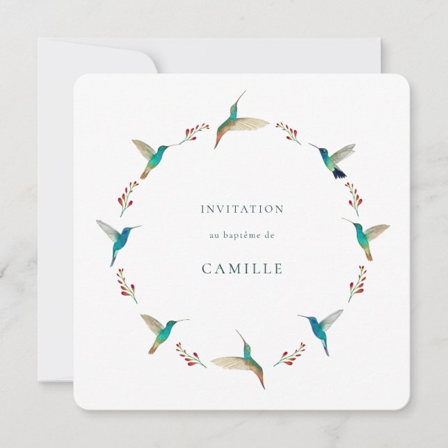 Hummingbird Baptism Invitation with Baby Photo Einladung (Vorderseite)