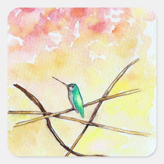 Hummingbird beim Sonnenuntergang Quadratischer Aufkleber (Vorderseite)
