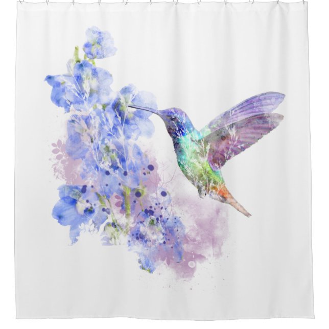 Hummingbird Bird Blue Delphinium Blume Duschvorhang (Vorderseite)