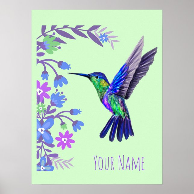 Hummingbird Botanische Blume für Vogelliebhaber Poster (Vorne)