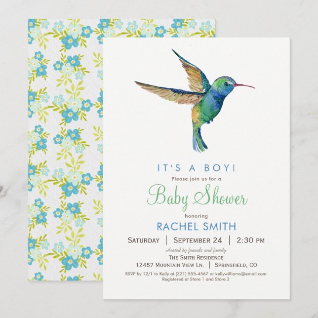 Hummingbird Boy Baby Shower Einladung (Vorne/Hinten)
