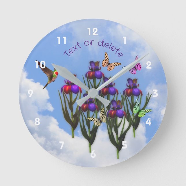 Hummingbird Butterfets Iris Blume Personalisiert Runde Wanduhr (Vorderseite)