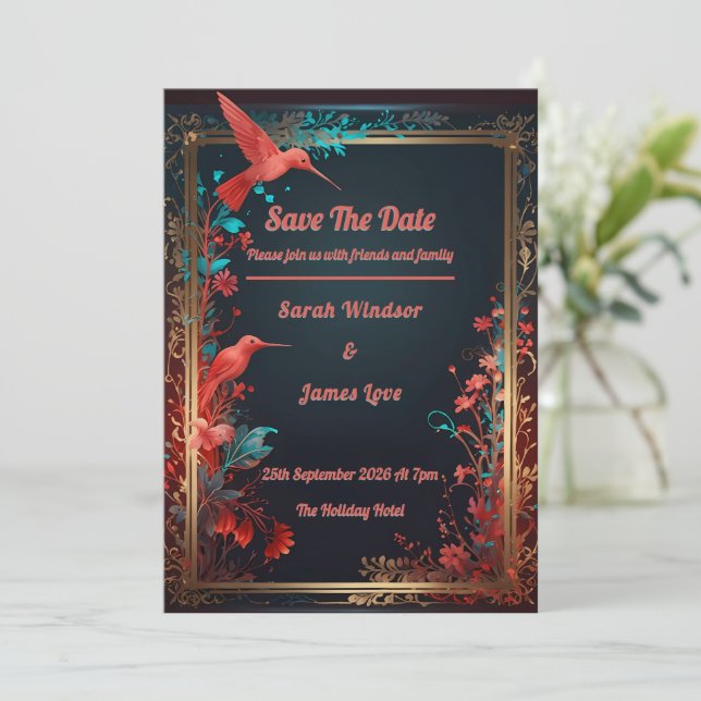 Hummingbird Dark Botanical Theme Einladung (Stehend Vorderseite)