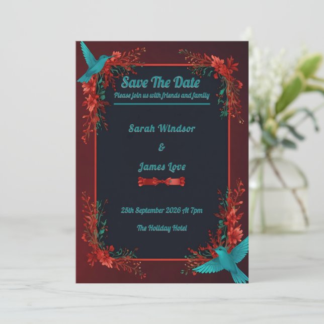Hummingbird Dark Botanical Theme Einladung (Stehend Vorderseite)
