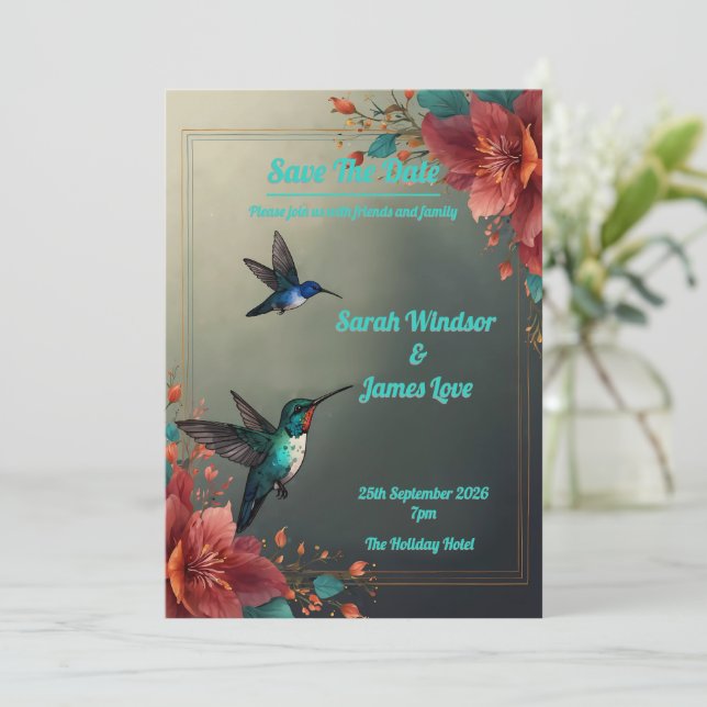 Hummingbird Dark Botanical Theme Einladung (Stehend Vorderseite)