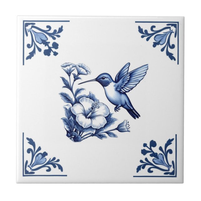 Hummingbird Delft Blue White Floral Corners Bird Fliese (Vorderseite)