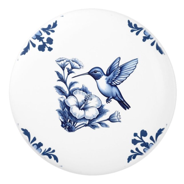 Hummingbird Delft Blue White Floral Corners Bird Keramikknauf (Vorderseite)