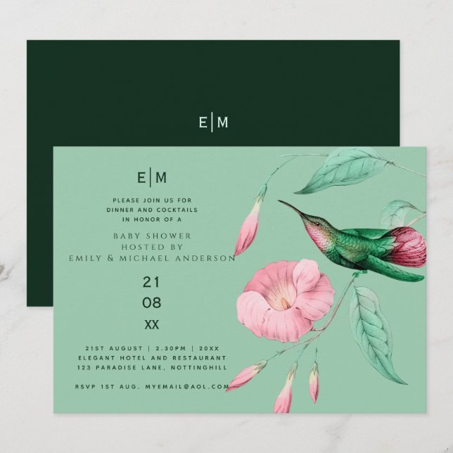 Hummingbird Floral Baby Couples Dusche Moderne Einladung (Vorne/Hinten)