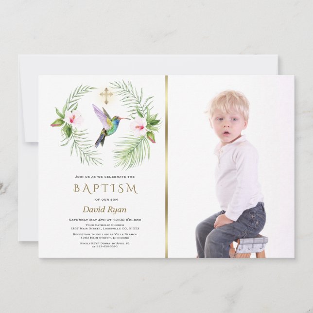 Hummingbird Floral Boy Foto Gold Taufe Einladung (Vorderseite)