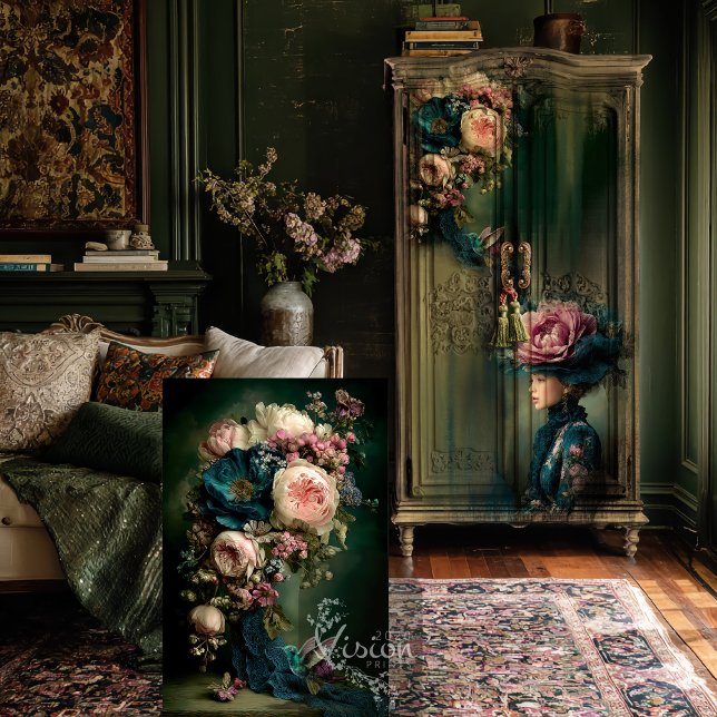 Hummingbird & Floral Fantasy Bouquet Seidenpapier (Hummingbird & Bouquet Floral, Emerald Green and Pink Decoupage Tissue Paper)