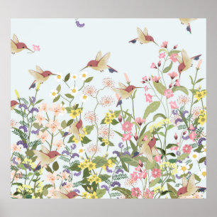 Hummingbird Floral Garden Vintag Illustration Poster