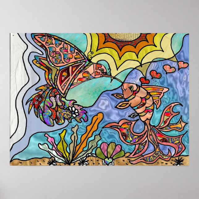 Hummingbird Goldfish Reflection Fantasy Art Poster (Vorne)