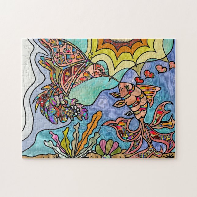 Hummingbird Goldfish Reflection Fantasy Art Puzzle (Horizontal)