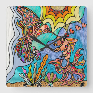 Hummingbird Goldfish Reflection Fantasy Wall Clock Quadratische Wanduhr