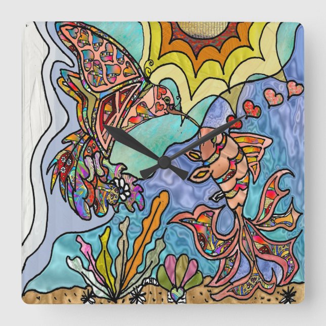 Hummingbird Goldfish Reflection Fantasy Wall Clock Quadratische Wanduhr (Vorderseite)