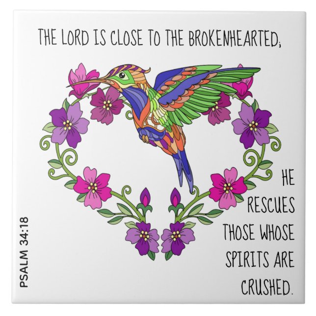 Hummingbird & Heart, w Vers von Psalm 34:18 Fliese (Vorderseite)