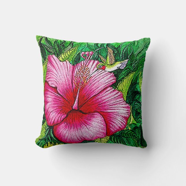 Hummingbird Hibiskus Aquarellbilder Kissen (Vorderseite)