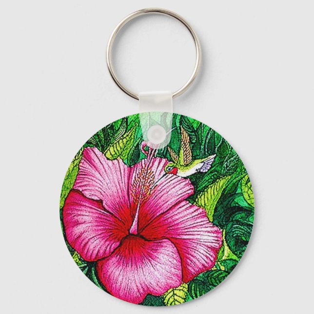 Hummingbird Hibiskus Aquarellbilder Schlüsselanhänger (Vorderseite)