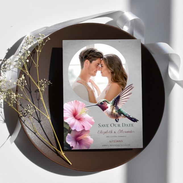 Hummingbird & Hibiskus Foto Save the Date | Grau Ankündigung (Gray Hummingbird Hibiscus Photo Save the Date)