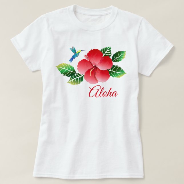 Hummingbird Hibiskus Hawaiian Tropical Floral T-Shirt (Design vorne)