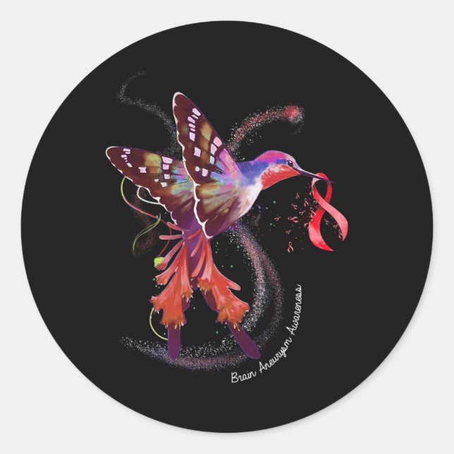 Hummingbird Holding Burgund Ribbon Brain Aneurysm Runder Aufkleber (Vorderseite)