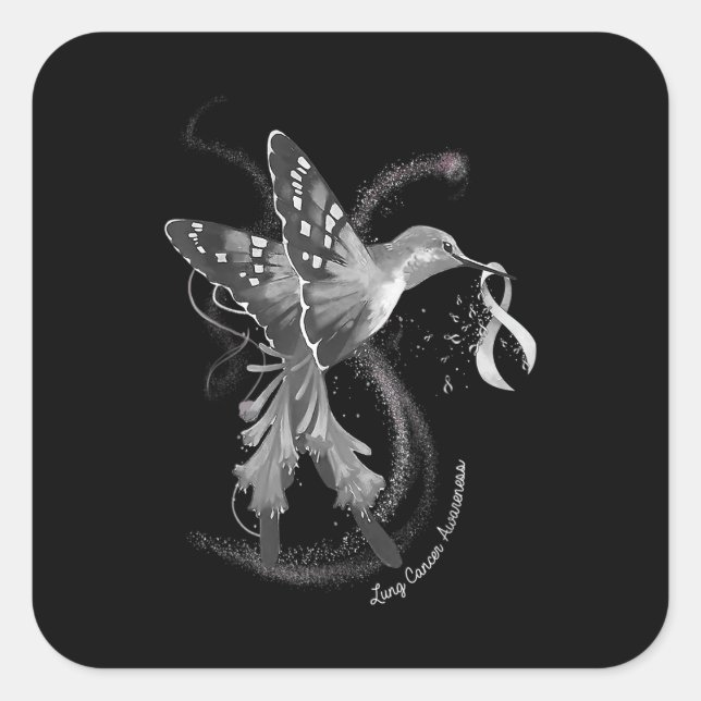 Hummingbird Holding White Ribbon Lung Cancer Aware Quadratischer Aufkleber (Vorderseite)