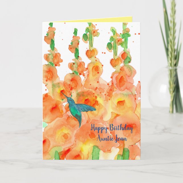 Hummingbird Hollyhocks Frohe Geburtstagsnacht Karte (Vorderseite)