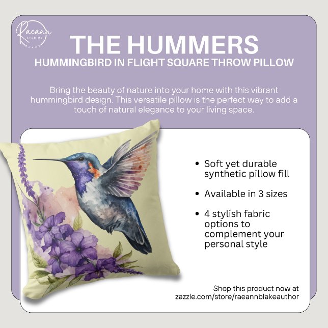 Hummingbird im Flight Square Throw Kissen (Von Creator hochgeladen)