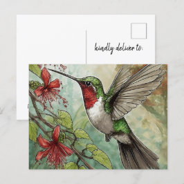 Hummingbird im Flug mit Rotem Trumpet Postkarte