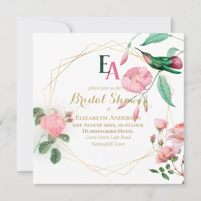 Hummingbird Minze Green Pink Gold Brautparty Einladung (Vorderseite)