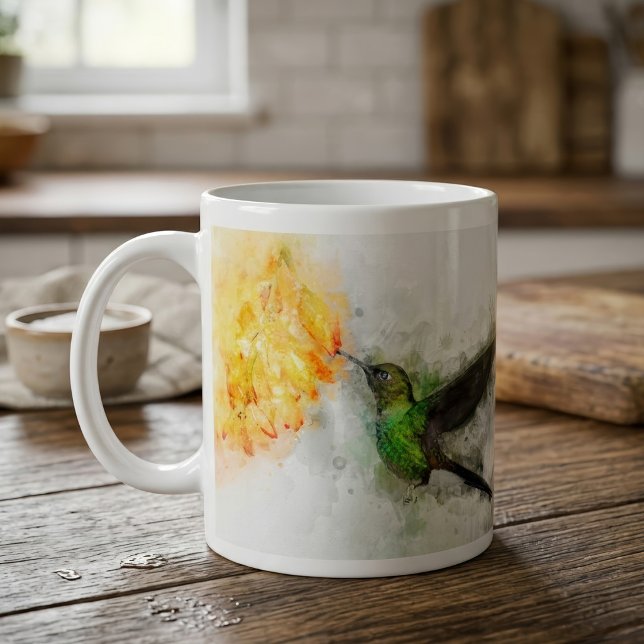 Hummingbird mit Blume Wasserfarbe - 02 Kaffeetasse (Vibrant Hummingbird and Yellow Floral Watercolor. Coffee Mug)