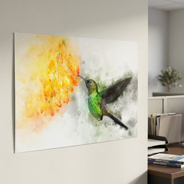 Hummingbird mit Blume Wasserfarbe - 02 Poster (Vibrant Hummingbird and Yellow Floral Watercolor. Poster)