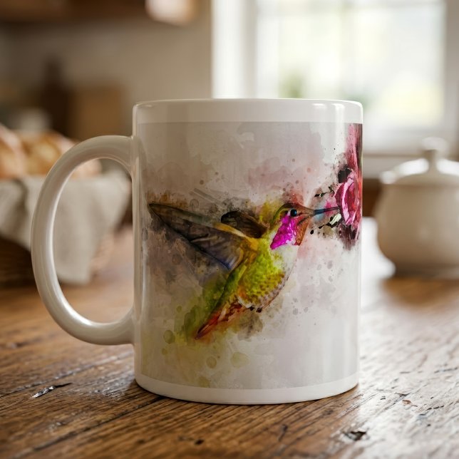Hummingbird mit Blume Wasserfarbe - 04 Kaffeetasse (Hummingbird Feeding on Pink Flower Watercolor. Coffee Mug)
