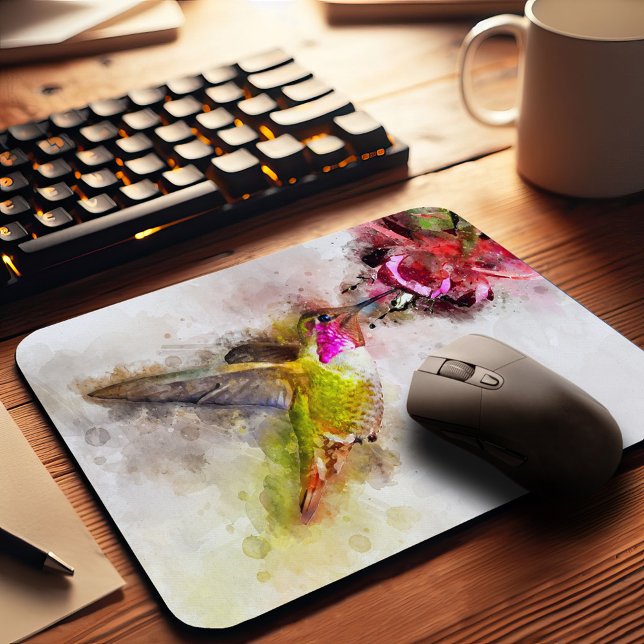 Hummingbird mit Blume Wasserfarbe - 04 Mousepad (Hummingbird Feeding on Pink Flower Watercolor. Mouse Pad)
