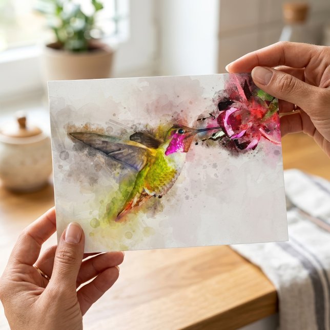 Hummingbird mit Blume Wasserfarbe - 04 Postkarte (Hummingbird Feeding on Pink Flower Watercolor. Postcard )