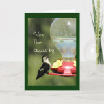 Hummingbird on Feeder 2596-customize any chance Karte<br><div class="desc">This card is perfect for anyone any age - simply change the words on the front and inside as you wish. To see matching and more cards, stamps, mousepads, and more gift items featuring hummingbirds, go to my BIRDS SECTION or type hummingbird in my searchbox near the top of my...</div>