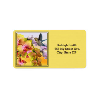 Hummingbird on Lilacs and Orchids on Yellow Adressaufkleber