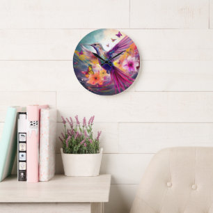 Hummingbird Paradise Rosa und Lila Große Wanduhr